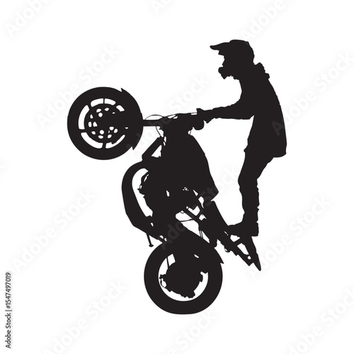 Motocross Rider Performing Wheelie Silhouette Isolated on White