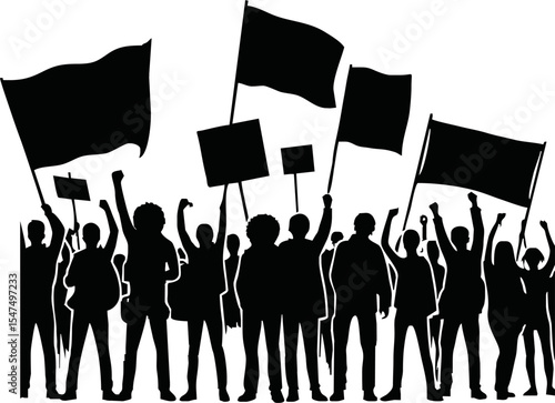 Group of people protesters vector silhouette illustration isolated. Man hand holding sign. Empty banner plate. Blank protest flag. Political agitation campaign. Demonstration social laborers rights