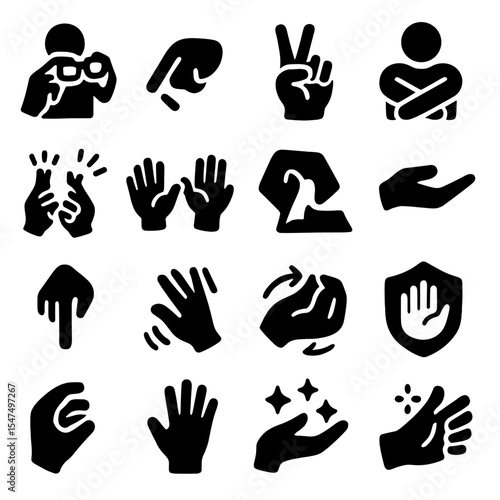 Hand Gesture Icons. Solid style icons of hand gestures: hand adjusting glasses, drawing with finger, counting victory signs,