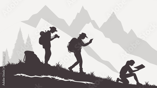 Outdoor Adventure People Hiking Trekking In Mountains With Map Phone Silhouette