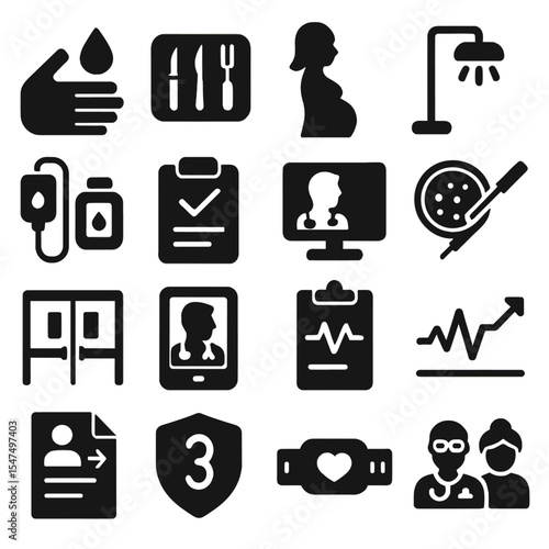 Medical Iconography Collection. Solid style icons of medical and healthcare: blood donor icon, surgical toolkit, maternity ward