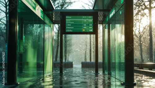 A contemporary bus stop during a rainy day with a digital display reflecting the weather and the transportation schedule