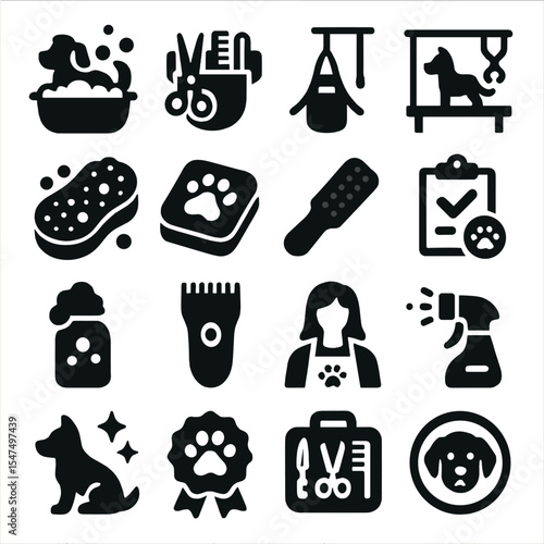 Pet Grooming Icons. Solid style icons of pet grooming silhouette: dog bath icon, grooming belt holster, pet grooming harness,
