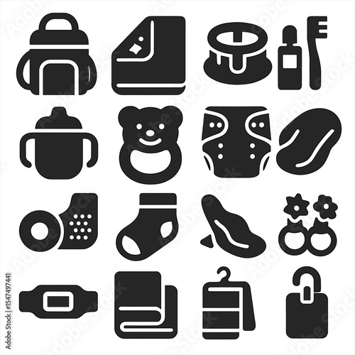 Parenting Essentials Icons. Solid style icons of parenting essentials: bottle cooler bag, baby blanket set, bath seat ring,