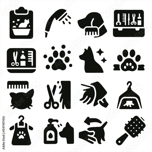 Pet Grooming Essentials. Solid style icons of pet grooming silhouette: pet bath checklist, handheld pet shower head, dog snout