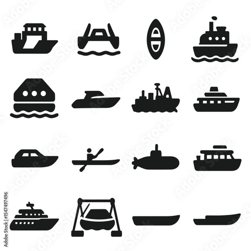 Watercraft Silhouette Icons. Solid style icons of watercraft silhouette: ferry with vehicle ramp, double-hull trimaran, inflatable