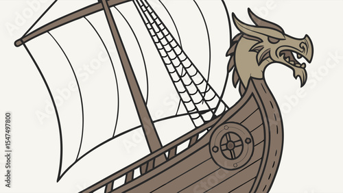 Viking Ship Illustration with Dragon Head Prow and Sail Ancient Norse Longship Design Historical Boat Vector Art