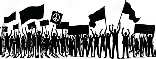 Group of people protesters vector silhouette illustration isolated. Man hand holding sign. Empty banner plate. Blank protest flag. Political agitation campaign. Demonstration social laborers rights