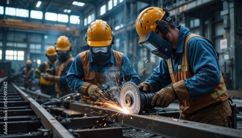 Industrial Workers Grinding Metal Rails in Factory