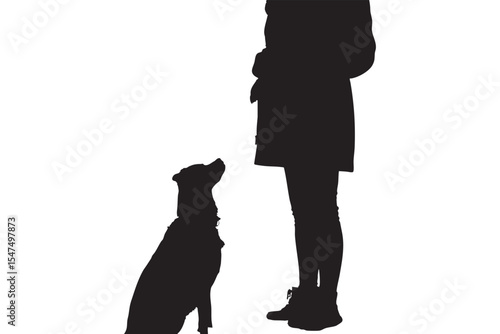 Silhouette of Woman Standing with Sitting Dog on White Background