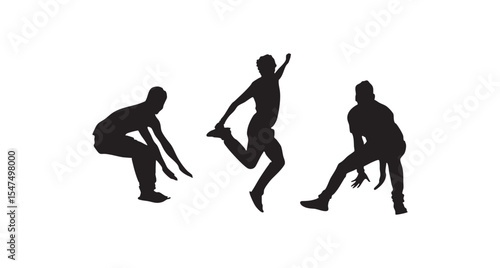 Silhouette of Three Boys Jumping and Squatting in Motion on White Background