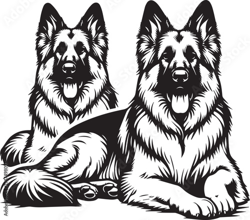 German Shepherd Dog Silhouette Vector | Black and White Illustration	