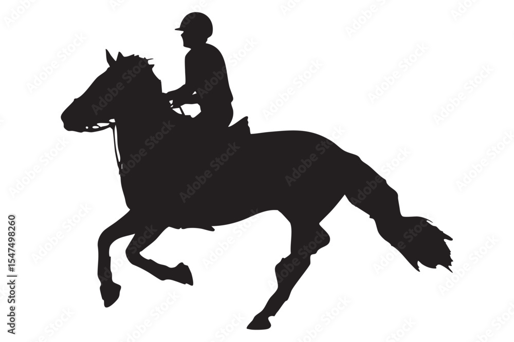 Silhouette of Equestrian Rider on Galloping Horse Isolated on White Background Silhouette of Equestrian Rider on Galloping Horse Isolated on White Background