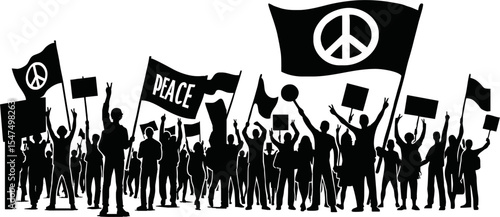 Group of people protesters vector silhouette illustration isolated. Man hand holding sign. Empty banner plate. Blank protest flag. Political agitation campaign. Demonstration social laborers rights