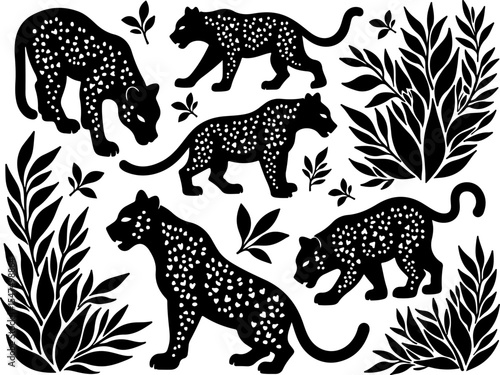 Tiger Vector Stylized Leopard Silhouettes with Foliage Design 