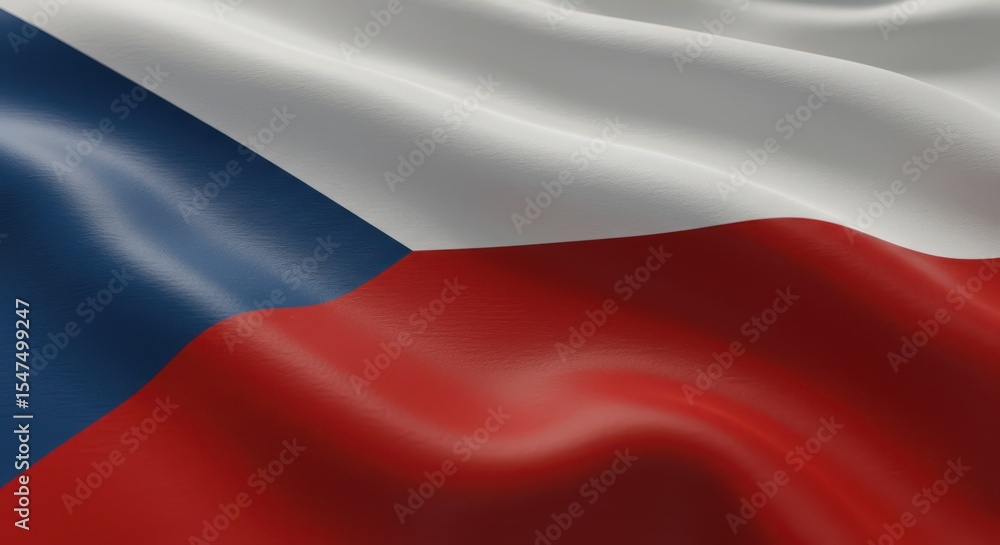 Naklejka premium Close-up shot of the national flag of Czech Republic, waving in the wind, detailed fabric texture, sunlight softly reflecting on the folds, cinematic lighting, shallow depth of field, realistic wind m