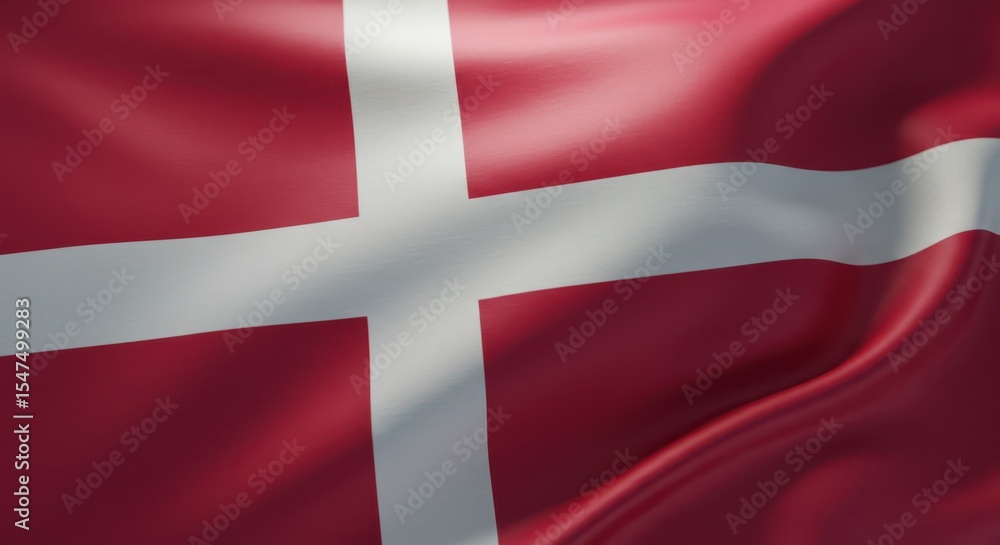 Fototapeta premium Close-up shot of the national flag of Denmark, waving in the wind, detailed fabric texture, sunlight softly reflecting on the folds, cinematic lighting, shallow depth of field, realistic wind movement
