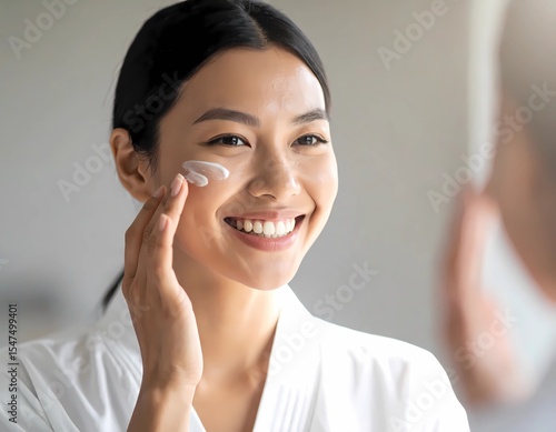 A beautifull asian woman with a clean face applying moisturizer in front of a mirror, modern skincare routine, natural light background, clean aesthetic.