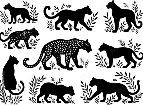 Tiger Vector Stylized Leopard Silhouettes with Foliage Design 