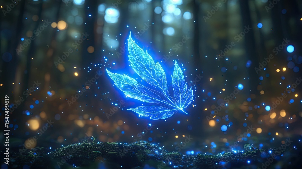 Glowing leaf floats in dark forest. Glowing leaf floats in dark forest.