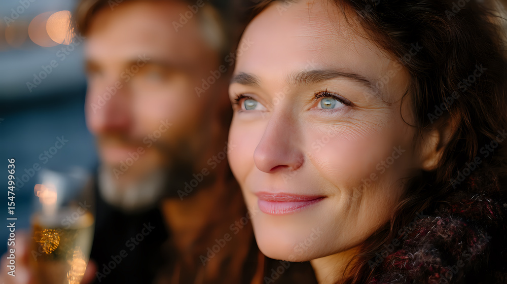 Smiling woman with dark curly hair and bright eyes in evening light with blurred male figure in background, warm bokeh lighting creates romantic mood. Smiling woman with dark curly hair and bright eyes in evening light with blurred male figure in background, warm bokeh lighting creates romantic mood.