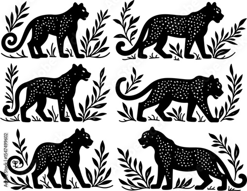 Tiger Vector Stylized Leopard Silhouettes with Foliage Design 