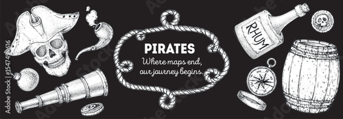 Vintage pirate border. Hand drawn sketch style vector. Old sea map template with nautical elements. Ideal for pirate party invitations, labels, and design projects. Hand drawn sketches