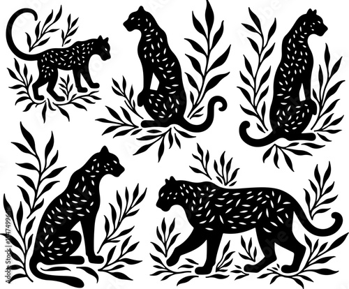 Tiger Vector Stylized Leopard Silhouettes with Foliage Design 