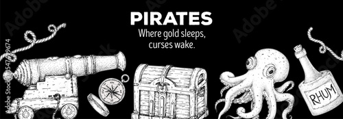 Pirate adventure frame. Vintage hand drawn vector illustration. Nautical marine design template. Sketch elements for pirate-themed projects, maps, and invitations. Hand drawn sketches