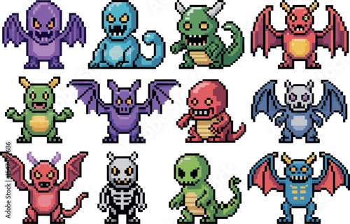  pixel art illustrations of monsters. It shows twelve different stylized creatures. They are colorful and have unique designs.