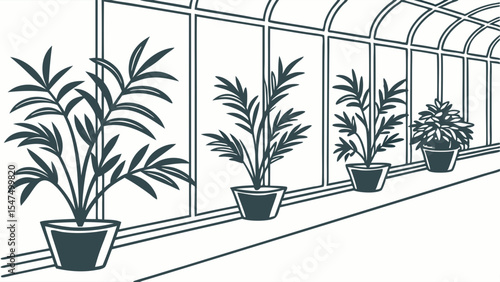 Line art illustration of indoor potted plants in a modern interior hallway with windows