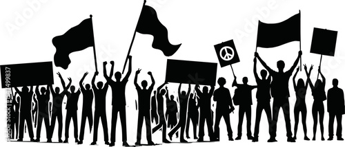 Group of people protesters vector silhouette illustration isolated. Man hand holding sign. Empty banner plate. Blank protest flag. Political agitation campaign. Demonstration social laborers rights