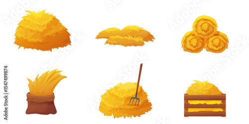Dry straw, haystacks, and field bales. Isolated yellow fodder piles and grass bundles for farming, cow feed, and rustic harvest scenes. Realistic and cartoon mix.
