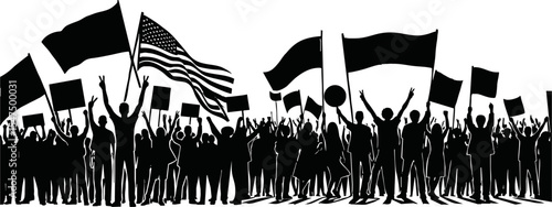 Group of people protesters vector silhouette illustration isolated. Man hand holding sign. Empty banner plate. Blank protest flag. Political agitation campaign. Demonstration social laborers rights
