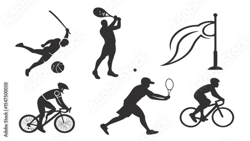 Collection of various sports silhouettes cycling tennis cricket and flag