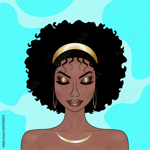 Dark-skinned girl with golden makeup wearing gold jewelry on a blue background