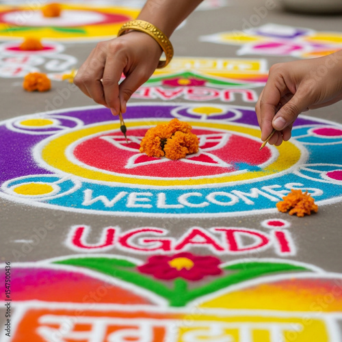 Colorful Ugadi Rangoli with Welcome Message
