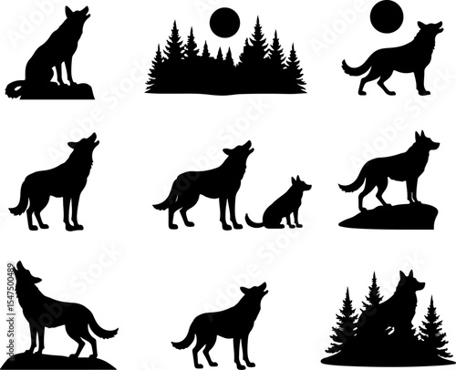 Wolf Silhouettes vector design bundle