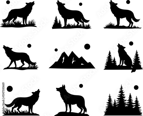 Wolf Silhouettes vector design bundle