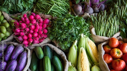 Fresh organic vegetables in burlap sacks radishes cucumbers corn asparagus eggplant parsley green beans and tomatoes