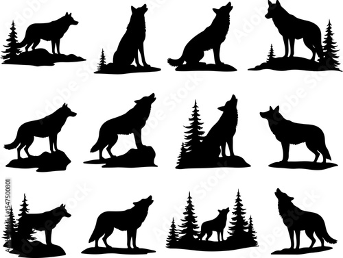 Wolf Silhouettes vector design bundle
