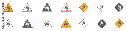 Set of slippery road traffic signs. Skid risk, triangle sign, car driving on ice. Vector. EPS10.