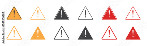 Set of triangle warning signs. Exclamation mark danger, warning attention icon, fatal error message, caution. Vector illustration. EPS10.