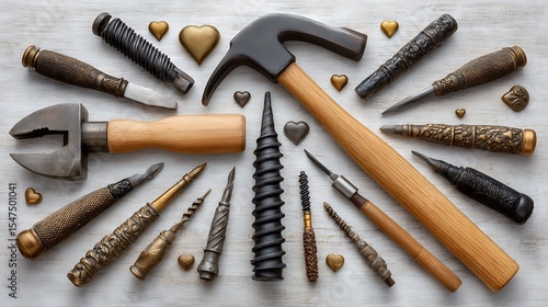 Wallpaper Mural Collection of antique hand tools arranged with decorative hearts on a white wooden background Torontodigital.ca