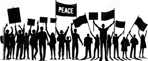 Group of people protesters vector silhouette illustration isolated. Man hand holding sign. Empty banner plate. Blank protest flag. Political agitation campaign. Demonstration social laborers rights