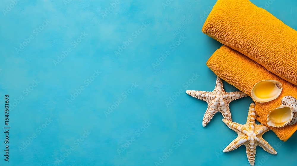 Two yellow beach towels starfish and seashells on a turquoise background Two yellow beach towels starfish and seashells on a turquoise background