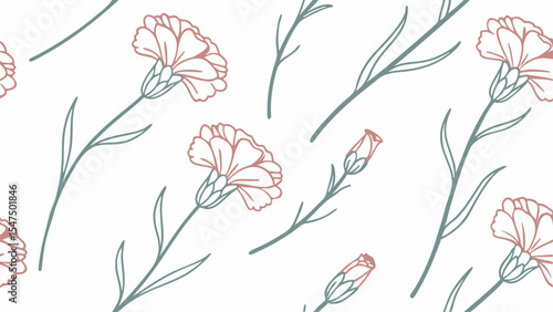 Seamless pattern of hand drawn pink carnation flowers buds and leaves floral illustration on white background