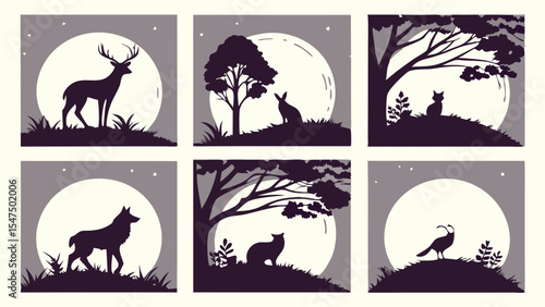 Animal Silhouettes Set Deer Rabbit Cat Wolf Fox Bird Full Moon Night Sky Nature Landscape Illustration Collection Graphic