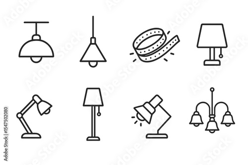 Lighting Elements Icons. Line style icons of lighting elements: ceiling lamp, pendant light, LED strip, bedside lamp. desk lamp,
