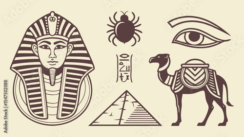 Ancient Egypt Symbols Icons Set Pharaoh Mask Pyramid Camel Eye Scarab Beetle Hieroglyphs Culture Vector